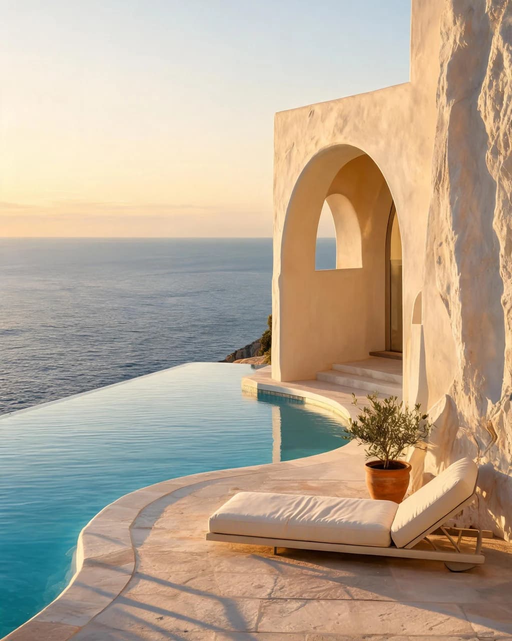 An imaginary seaside retreat with an infinity pool and warm ivory architecture.