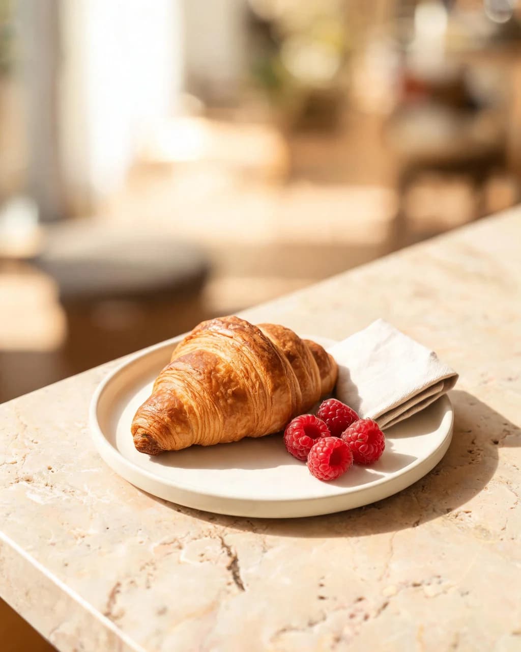 A golden croissant and raspberries on a ceramic plate in morning sunlight.
