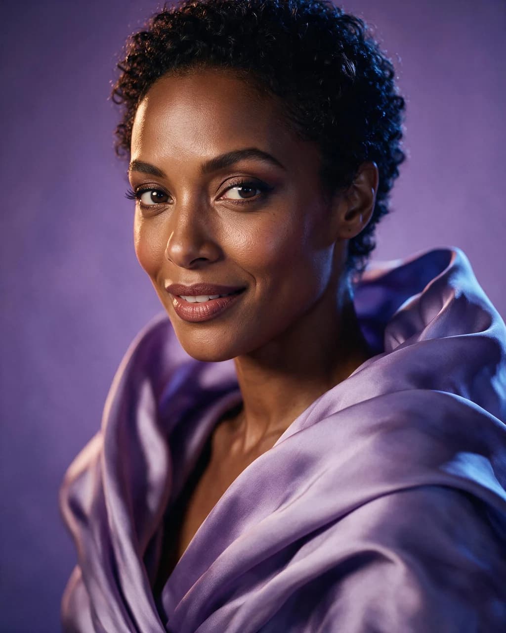 A fictional fashion model in lavender silk, photographed with soft violet light.